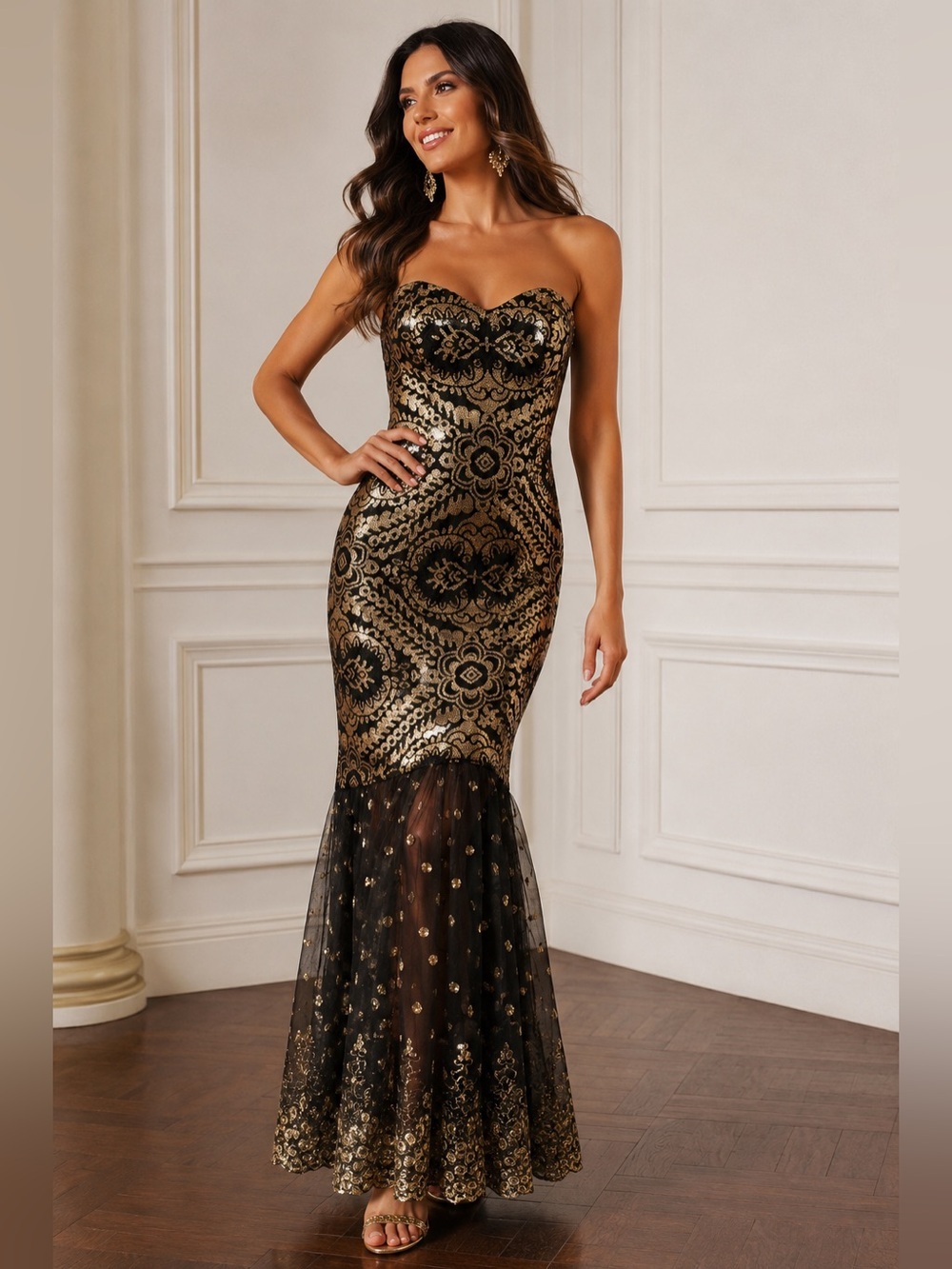 Angel Fashions Black Gold Sequin Strapless Mermaid Gown Lace-Up Back Size L